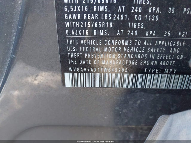 46250060 :رقم المزاد ، WVGAV7AX1FW545295 vin ، 2015 Volkswagen Tiguan S مزاد بيع