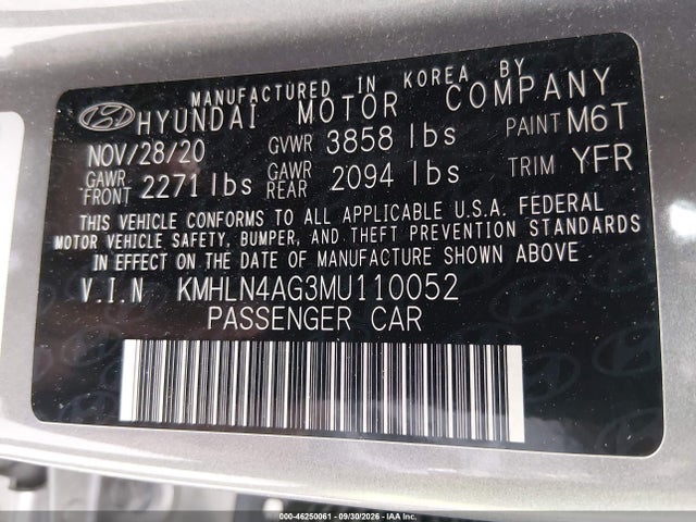 Aukcja sprzedaży 2021 Hyundai Elantra Sel, vin: KMHLN4AG3MU110052, numer aukcji: 46250061