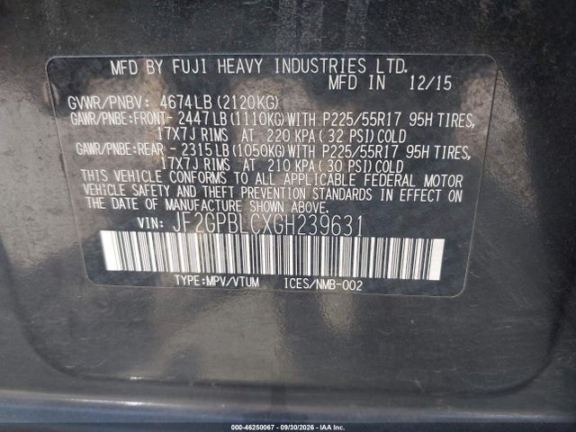 Продажа на аукционе авто 2016 Subaru Crosstrek Hybrid Touring, vin: JF2GPBLCXGH239631, номер лота: 46250067