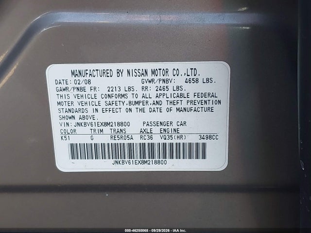 46250068 :رقم المزاد ، JNKBV61EX8M218800 vin ، 2008 Infiniti G35 Journey مزاد بيع