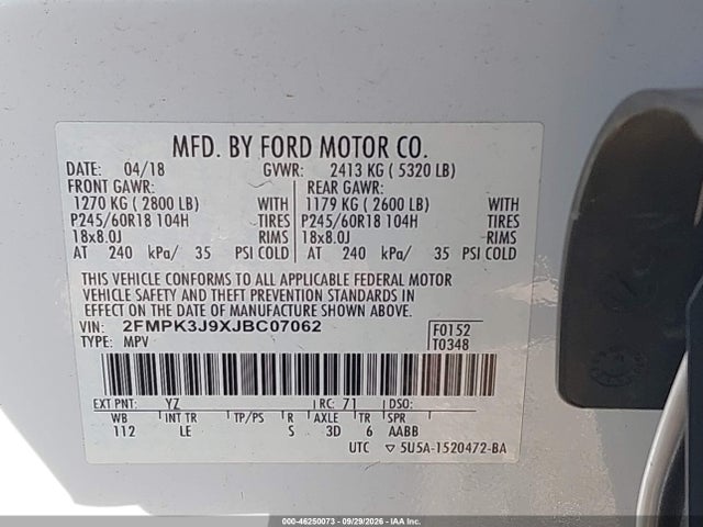 Aukcja sprzedaży 2018 Ford Edge Sel, vin: 2FMPK3J9XJBC07062, numer aukcji: 46250073