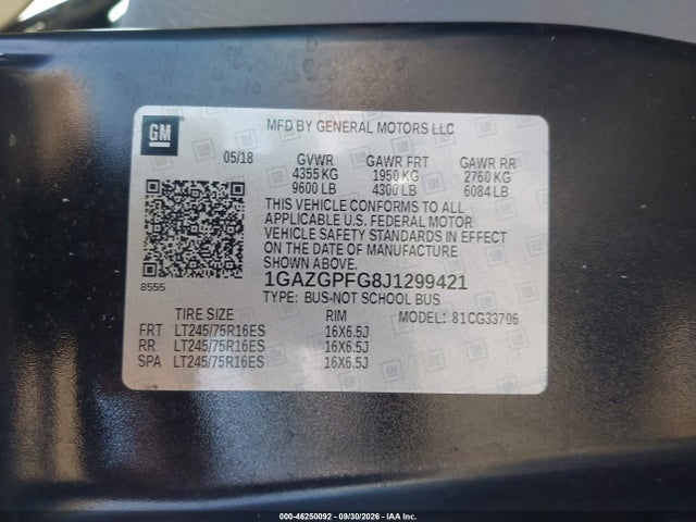 46250092 :رقم المزاد ، 1GAZGPFG8J1299421 vin ، 2018 Chevrolet Express 3500 Lt مزاد بيع