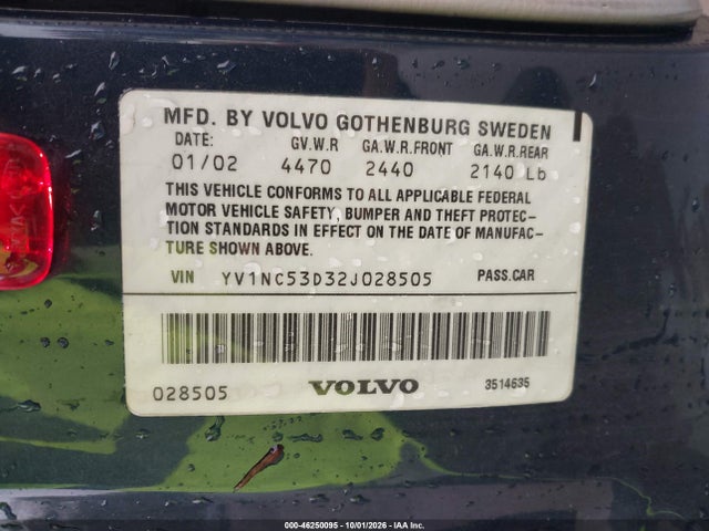 46250095 :رقم المزاد ، YV1NC53D32J028505 vin ، 2002 Volvo C70 Ht مزاد بيع