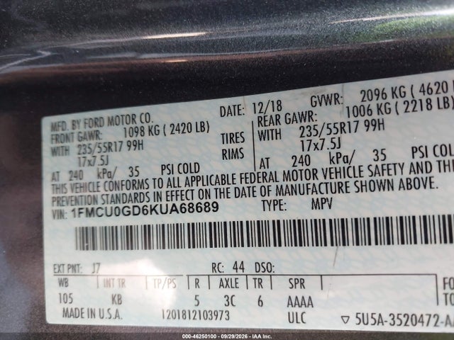 Auction sale of the 2019 Ford Escape Se, vin: 1FMCU0GD6KUA68689, lot number: 46250100