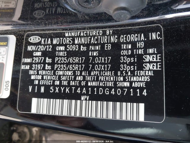 46250112 :رقم المزاد ، 5XYKT4A11DG407114 vin ، 2013 Kia Sorento Lx مزاد بيع