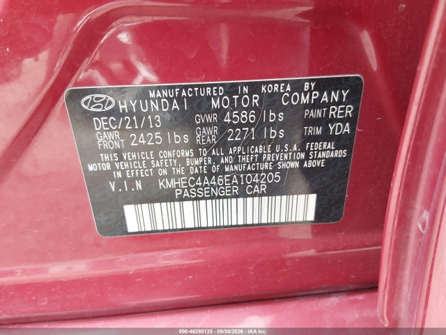 46250120 :رقم المزاد ، KMHEC4A46EA104205 vin ، 2014 Hyundai Sonata Hybrid Limited مزاد بيع