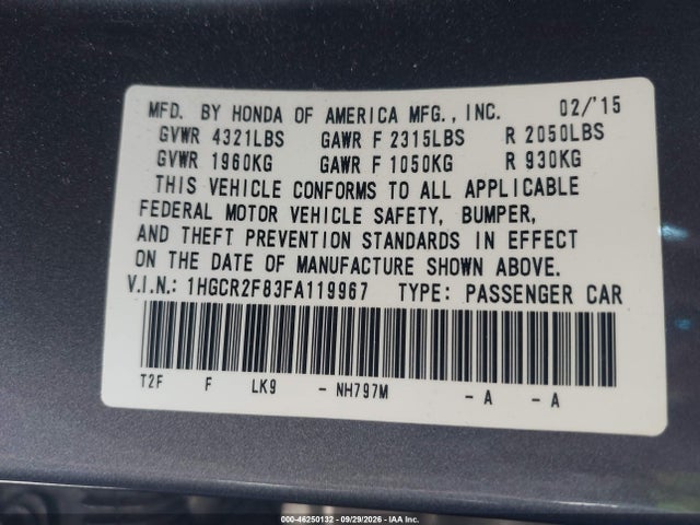 Honda Accord Ex-l 2015 1HGCR2F83FA119967 Image 9