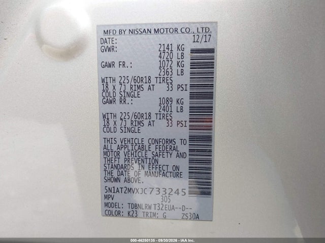 Продаж на аукціоні авто 2018 Nissan Rogue Sl, vin: 5N1AT2MVXJC733245, номер лоту: 46250135