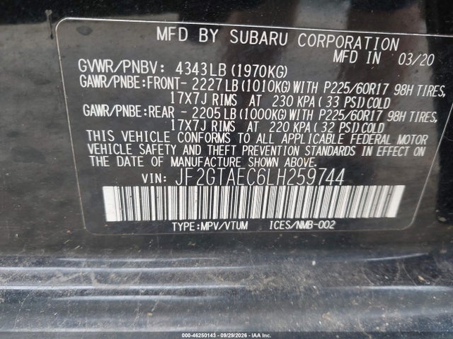 Aukcja sprzedaży 2020 Subaru Crosstrek Premium, vin: JF2GTAEC6LH259744, numer aukcji: 46250143