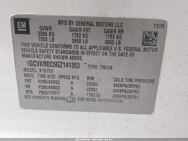 46250149 :رقم المزاد ، 1GCVKREC5GZ141353 vin ، 2016 Chevrolet Silverado 1500 1lt مزاد بيع