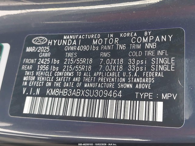 46250183 :رقم المزاد ، KM8HB3ABXSU309464 vin ، 2025 Hyundai Kona Sel مزاد بيع