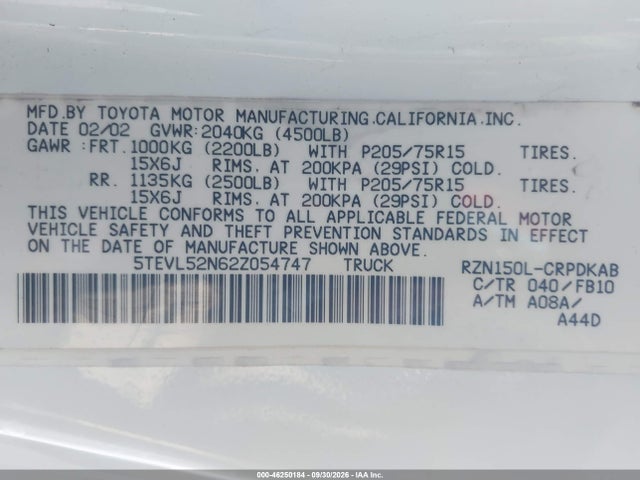 Aukcja sprzedaży 2002 Toyota Tacoma, vin: 5TEVL52N62Z054747, numer aukcji: 46250184