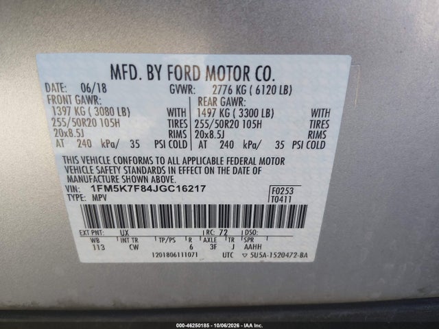 2018 Ford Explorer Limited მანქანა იყიდება აუქციონზე, vin: 1FM5K7F84JGC16217, აუქციონის ნომერი: 46250185