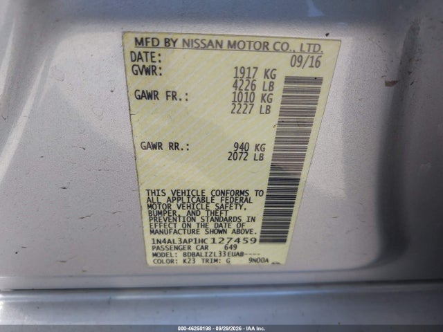 46250198 :رقم المزاد ، 1N4AL3AP1HC127459 vin ، 2017 Nissan Altima 2.5/2.5 S/2.5 Sl/2.5 Sr/2.5 Sv مزاد بيع