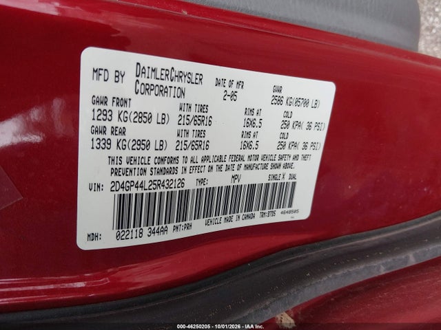 Продажа на аукционе авто 2005 Dodge Grand Caravan Sxt, vin: 2D4GP44L25R432126, номер лота: 46250205