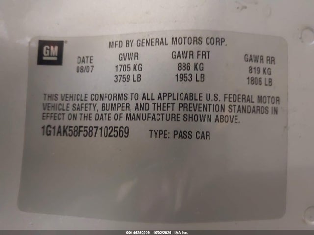 46250209 :رقم المزاد ، 1G1AK58F587102569 vin ، 2008 Chevrolet Cobalt Ls مزاد بيع