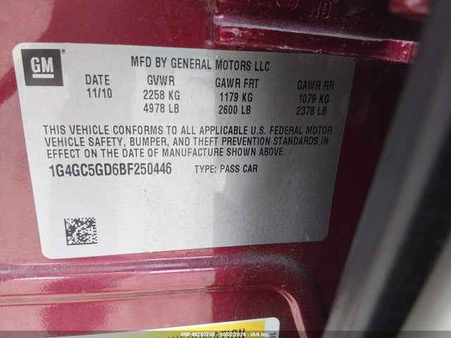 Продаж на аукціоні авто 2011 Buick Lacrosse Cxl, vin: 1G4GC5GD6BF250446, номер лоту: 46250265