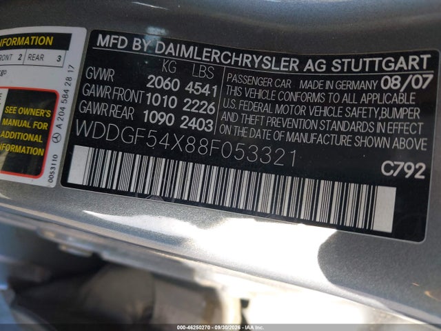 Aukcja sprzedaży 2008 Mercedes-benz C 300 Luxury, vin: WDDGF54X88F053321, numer aukcji: 46250270