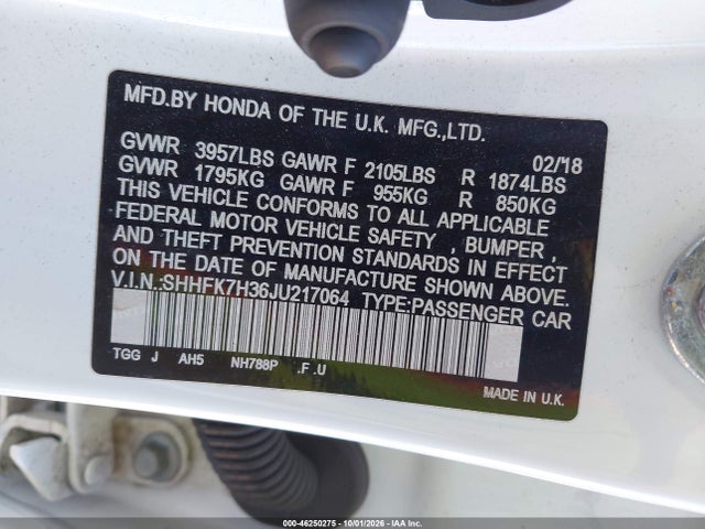 Aukcja sprzedaży 2018 Honda Civic Lx, vin: SHHFK7H36JU217064, numer aukcji: 46250275
