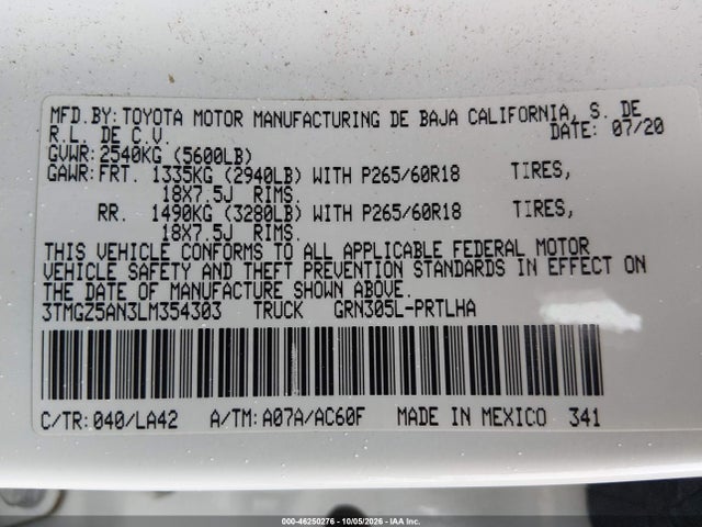 Продажа на аукционе авто 2020 Toyota Tacoma Limited, vin: 3TMGZ5AN3LM354303, номер лота: 46250276