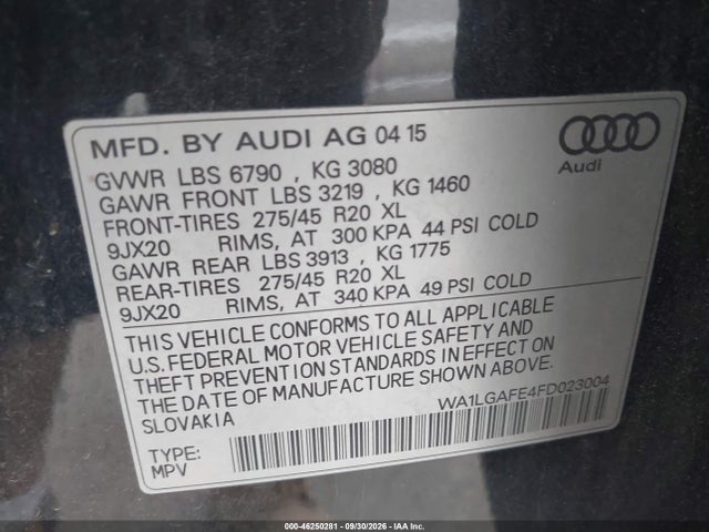2015 Audi Q7 3.0t Premium მანქანა იყიდება აუქციონზე, vin: WA1LGAFE4FD023004, აუქციონის ნომერი: 46250281