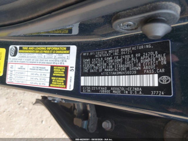 Aukcja sprzedaży 2021 Toyota Camry Le, vin: 4T1C11AK0MU456039, numer aukcji: 46250301