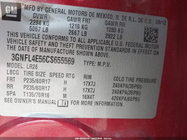 2012 Chevrolet Captiva Sport Ltz მანქანა იყიდება აუქციონზე, vin: 3GNFL4E56CS655569, აუქციონის ნომერი: 46250310