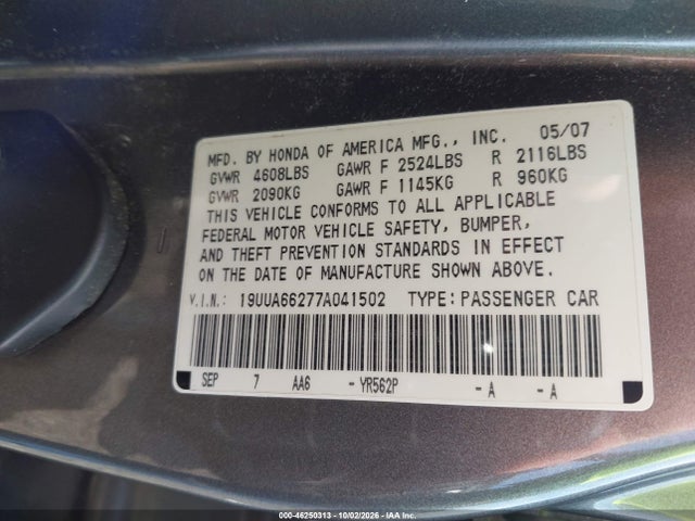 46250313 :رقم المزاد ، 19UUA66277A041502 vin ، 2007 Acura Tl 3.2 مزاد بيع