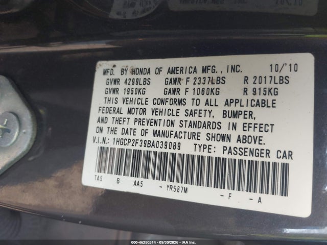 46250314 :رقم المزاد ، 1HGCP2F39BA039089 vin ، 2011 Honda Accord 2.4 Lx مزاد بيع