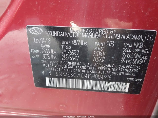 Продаж на аукціоні авто 2019 Hyundai Santa Fe Sel, vin: 5NMS3CAD4KH004915, номер лоту: 46250321
