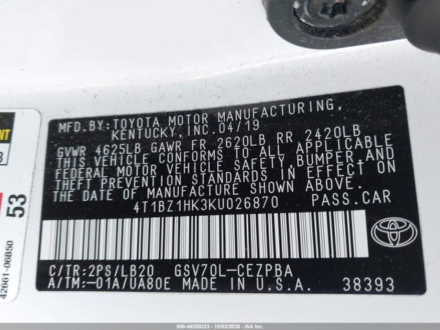 Продаж на аукціоні авто 2019 Toyota Camry Xse V6, vin: 4T1BZ1HK3KU026870, номер лоту: 46250323