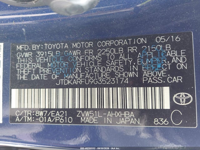 Продаж на аукціоні авто 2016 Toyota Prius Three Touring, vin: JTDKARFU9G3523174, номер лоту: 46250332