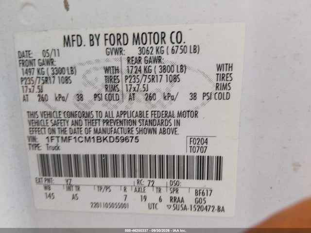 Aukcja sprzedaży 2011 Ford F-150 Xl, vin: 1FTMF1CM1BKD59675, numer aukcji: 46250337