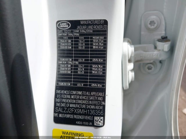 Продажа на аукционе авто 2021 Land Rover Range Rover Evoque S, vin: SALZJ2FX9MH136356, номер лота: 46250347