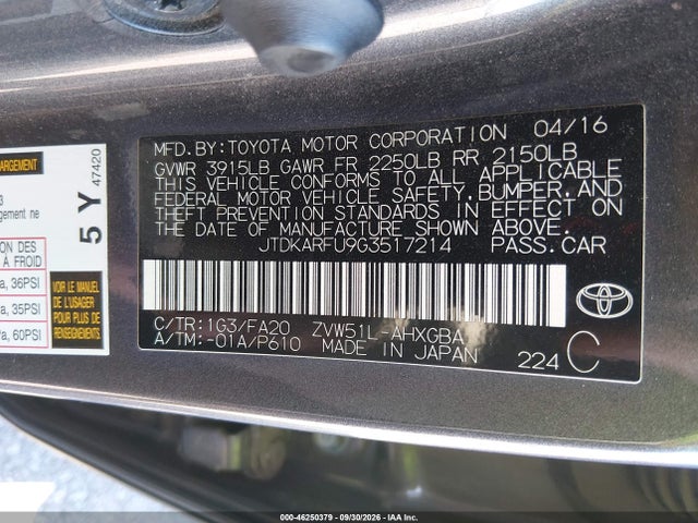 JTDKARFU9G3517214 Toyota Prius Three