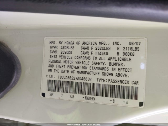 Продаж на аукціоні авто 2007 Acura Tl 3.2, vin: 19UUA66227A046638, номер лоту: 46250405