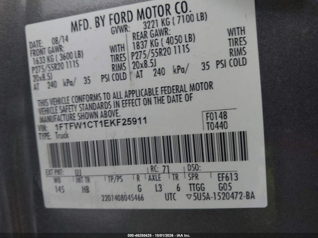 Продаж на аукціоні авто 2014 Ford F-150 Lariat, vin: 1FTFW1CT1EKF25911, номер лоту: 46250425