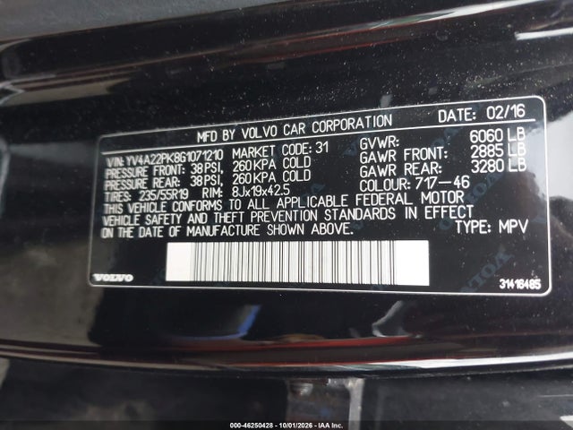 46250428 :رقم المزاد ، YV4A22PK8G1071210 vin ، 2016 Volvo Xc90 T6 Momentum مزاد بيع