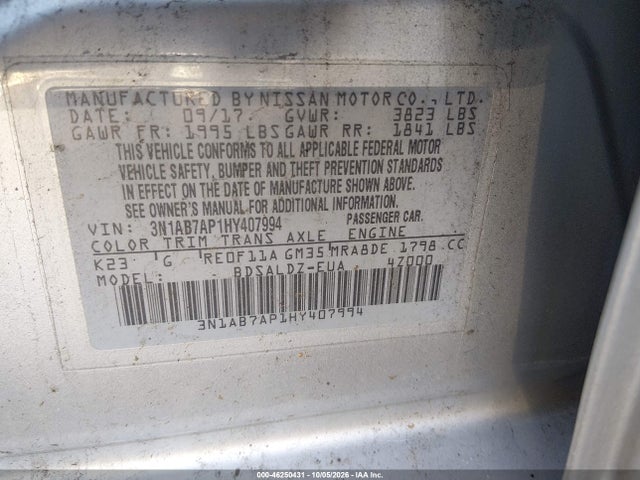 Aukcja sprzedaży 2017 Nissan Sentra Sv, vin: 3N1AB7AP1HY407994, numer aukcji: 46250431