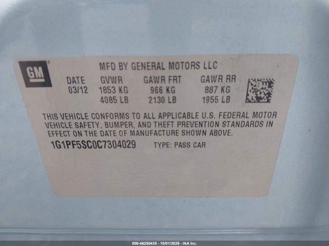 Продаж на аукціоні авто 2012 Chevrolet Cruze 1lt, vin: 1G1PF5SC0C7304029, номер лоту: 46250435