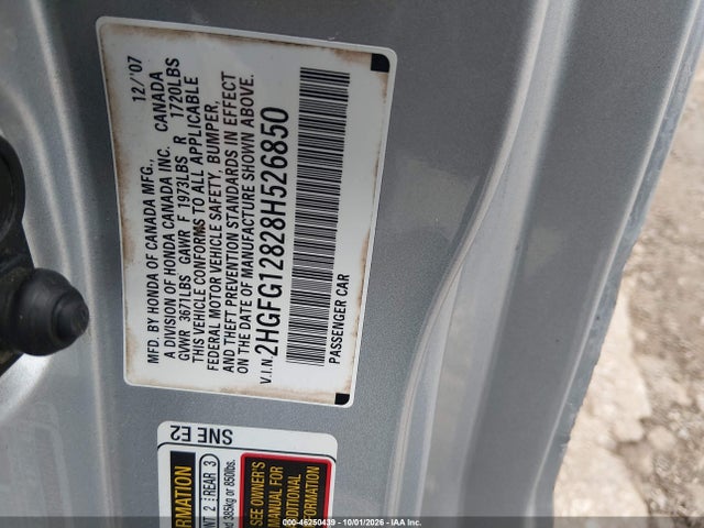 2008 Honda Civic Ex მანქანა იყიდება აუქციონზე, vin: 2HGFG12828H526850, აუქციონის ნომერი: 46250439