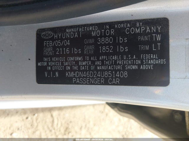 Продажа на аукционе авто 2004 Hyundai Elantra Gls/gt, vin: KMHDN46D24U851408, номер лота: 46250440