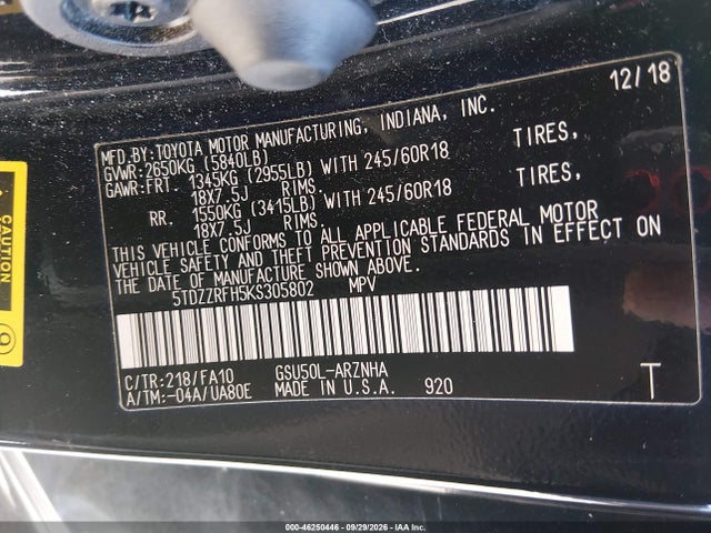 Продаж на аукціоні авто 2019 Toyota Highlander Le Plus, vin: 5TDZZRFH5KS305802, номер лоту: 46250446
