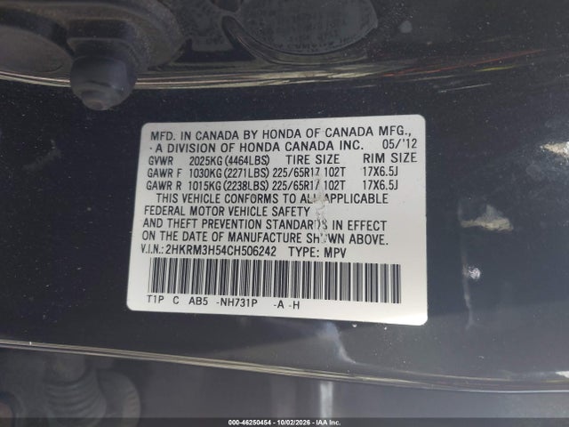 Aukcja sprzedaży 2012 Honda Cr-v Ex, vin: 2HKRM3H54CH506242, numer aukcji: 46250454