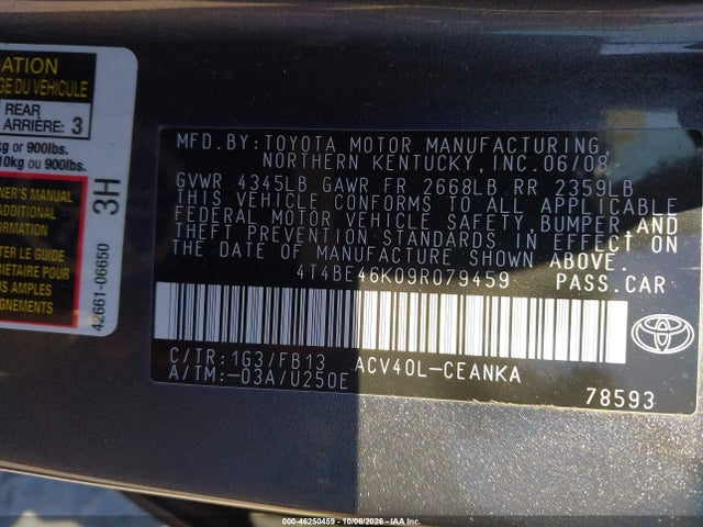 46250459 :رقم المزاد ، 4T4BE46K09R079459 vin ، 2009 Toyota Camry Le مزاد بيع