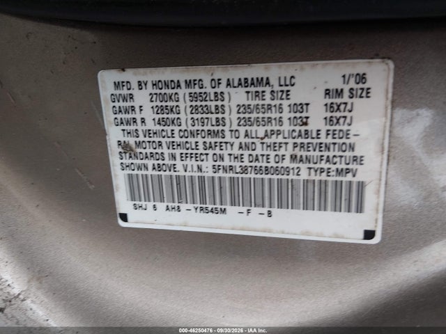 2006 Honda Odyssey Ex-l მანქანა იყიდება აუქციონზე, vin: 5FNRL38766B060912, აუქციონის ნომერი: 46250476