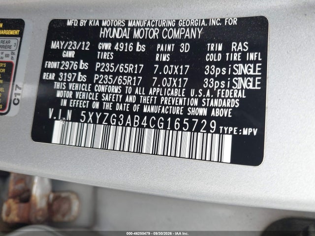 Aukcja sprzedaży 2012 Hyundai Santa Fe Gls, vin: 5XYZG3AB4CG165729, numer aukcji: 46250479