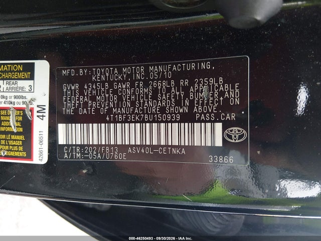46250493 :رقم المزاد ، 4T1BF3EK7BU150939 vin ، 2011 Toyota Camry مزاد بيع