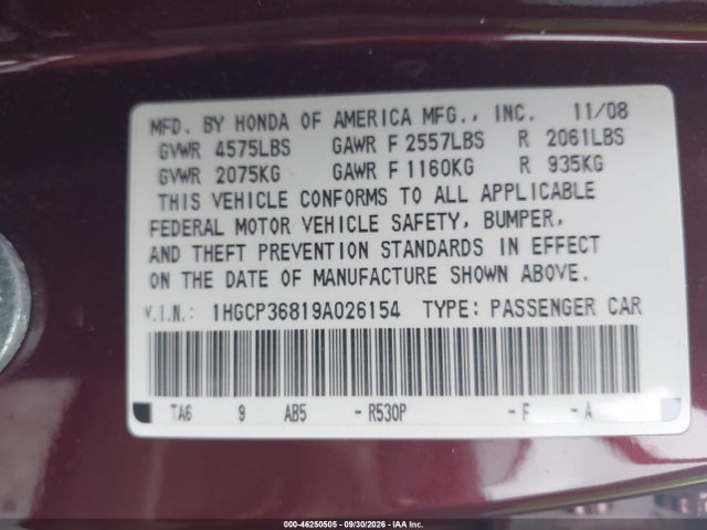 2009 Honda Accord 3.5 Ex-l მანქანა იყიდება აუქციონზე, vin: 1HGCP36819A026154, აუქციონის ნომერი: 46250505