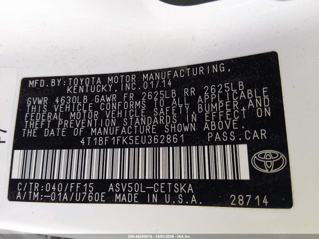 46250515 :رقم المزاد ، 4T1BF1FK5EU362861 vin ، 2014 Toyota Camry Se مزاد بيع
